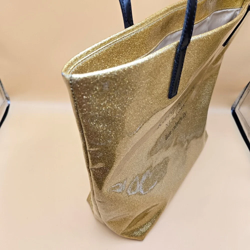 Kate Spade Live Colorfully Gold Glitter Tote Bag Black Patent Handles Large